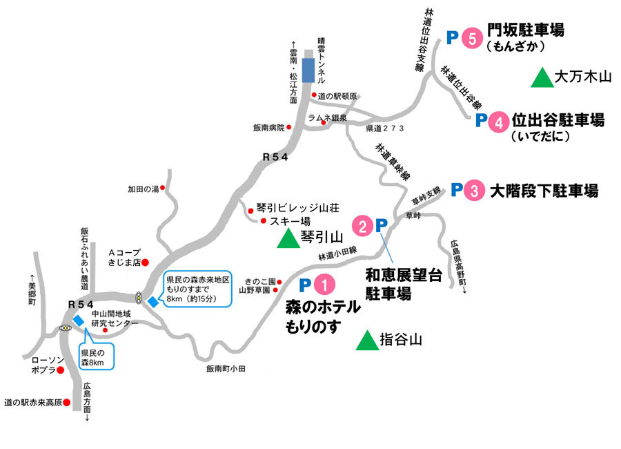 頓原、赤来地区登山口駐車場アクセス図