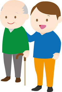 杖をつく高齢者をささえる男性のイラスト