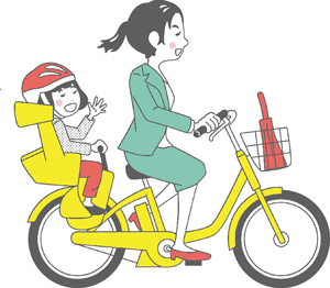 子どもを載せた自転車をこぐスーツを着た女性のイラスト